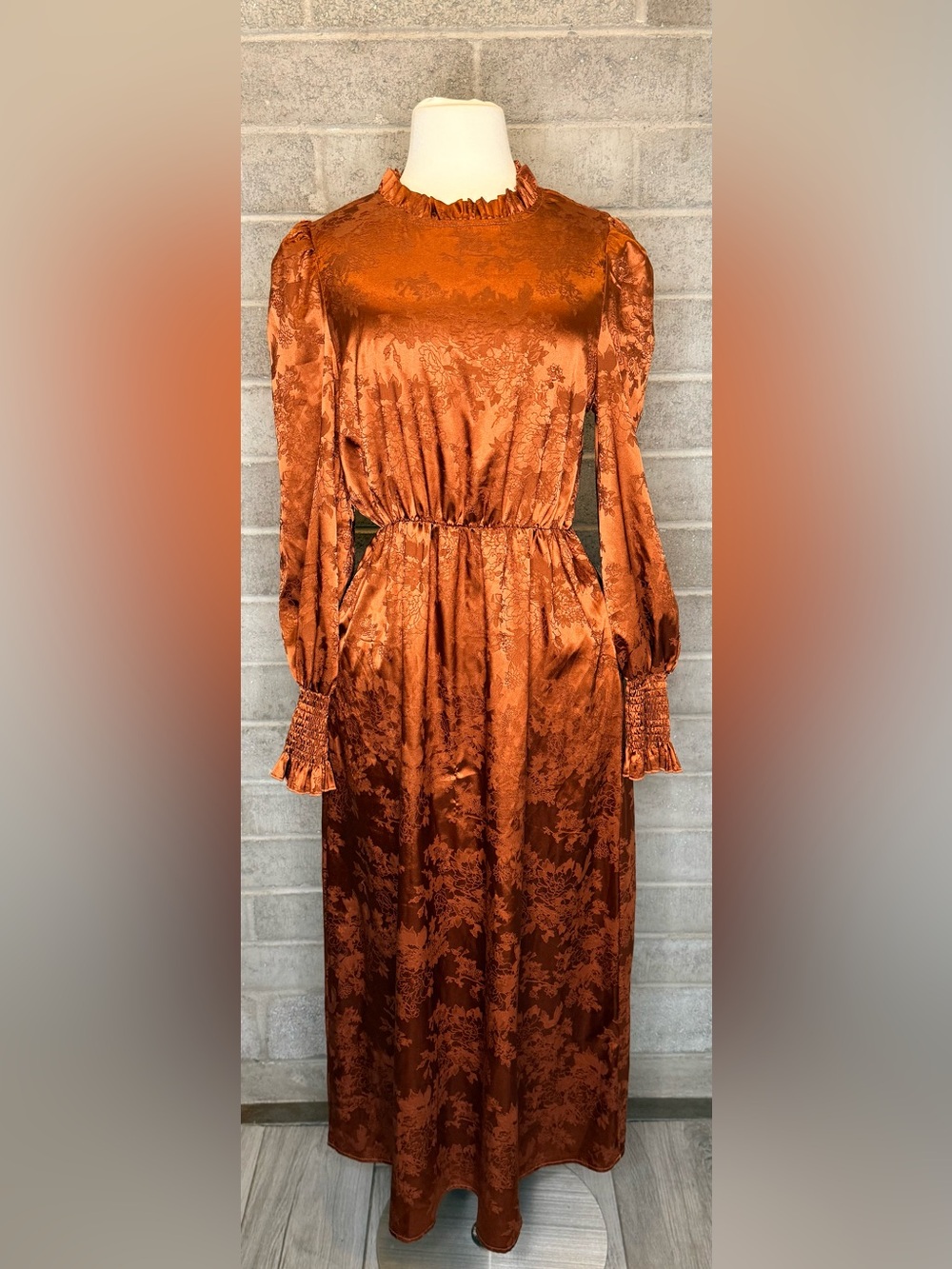 Rust Satin Jacquard Midi Dress Puff Sleeve Mock Neck Cottagecore Boho - Picture 4 of 14